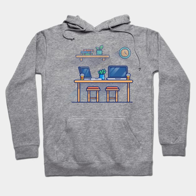 Table, Chair, Laptops, Plant, Clock, Books, And Cups Cartoon Hoodie by Catalyst Labs